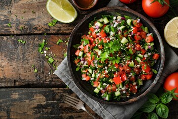Middle eastern and Mediterranean traditional vegetable salad tabbouleh with couscous on rustic metal plate and wooden background from above. Arab Turkish food.
