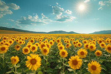 Field of blooming sunflowers on a background sunset
