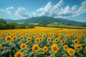 Fototapeta premium Field of blooming sunflowers on a background sunset 