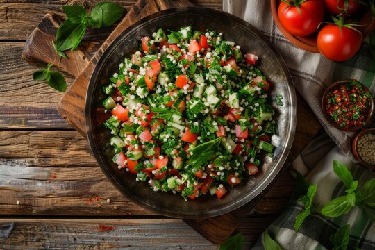 Middle eastern and Mediterranean traditional vegetable salad tabbouleh with couscous on rustic metal plate and wooden background from above. Arab Turkish food.