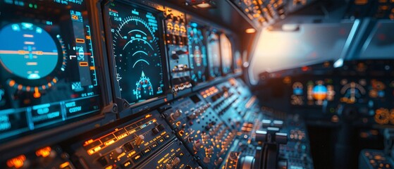 Close-up view of a commercial airplane cockpit with illuminated instruments and controls, showcasing advanced avionics and navigation systems.