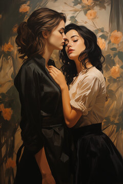 painting of romance between two women on floral background