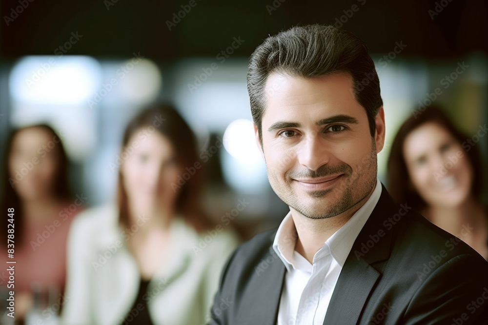 Poster smiling businessman looking at camera with defocused other business people in the background, close-