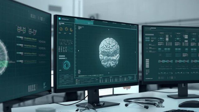 X-ray brain examination system scanning the patients skull. Identifying the dangerous cancerous growth after the x-ray brain examination. X-ray brain examination analysing the big tumor. Cancer.