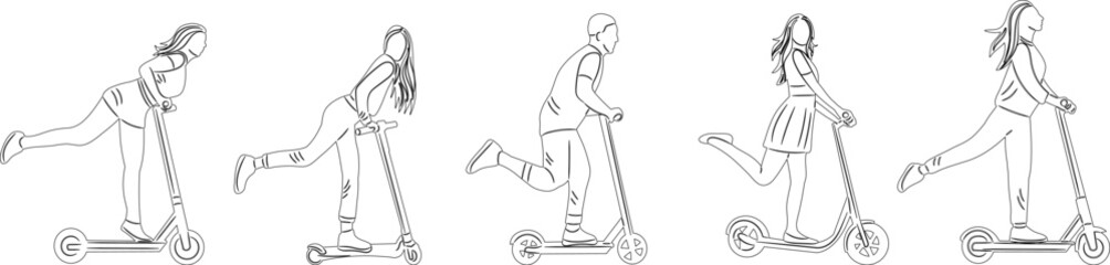 people riding a scooter outline sketch, vector