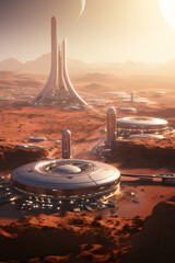 A Futuristic City In The Mars  With A Desert Like Landscape.