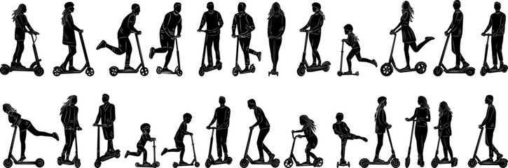 Obraz premium set of people riding scooters, children on scooters silhouette, vector