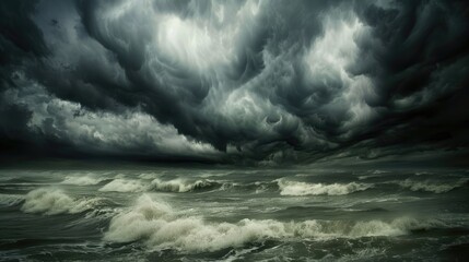 the dark stormy sea, showcasing rough waves crashing in the foreground, while leaving a vast ocean background with ample space for text.