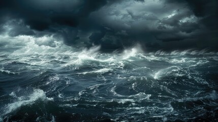 the dark stormy sea, showcasing rough waves crashing in the foreground, while leaving a vast ocean background with ample space for text.