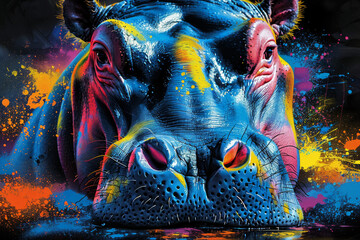 hippo in neon colors in a pop art style