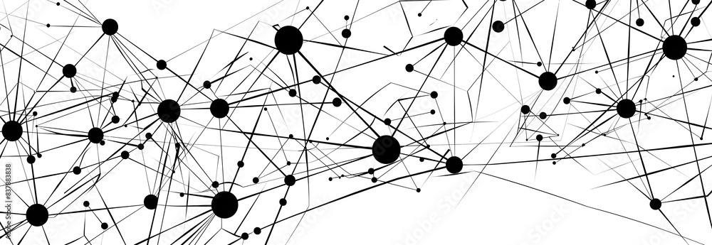 Poster a black and white vector illustration of an abstract network pattern, connecting nodes with lines on