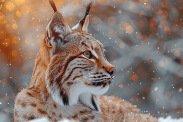 Obraz premium Close-up of a majestic lynx in a snowy, serene landscape, with bokeh lights creating a warm contrast against the cold environment.
