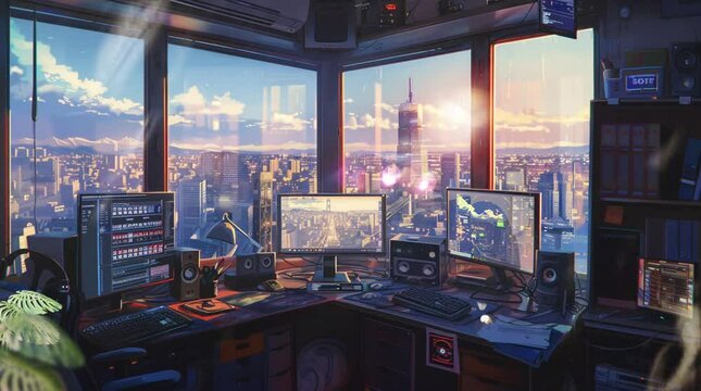 beautiful work space with a view of city at sunset. seamless looping 4k video animation backgroud