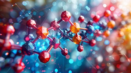 A sophisticated background design featuring a blend of geometric shapes in bold colors, with a detailed molecular model of an RNA interference molecule, significant in genetic regulation studies.