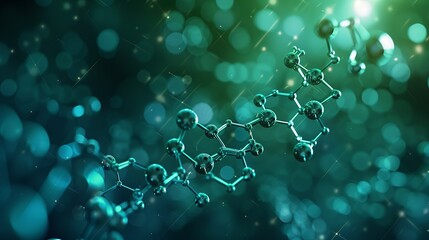 A dynamic biotech background with geometric shapes in varying shades of green and blue, overlaid with a molecular model of a biosimilar, highlighting advancements in biopharmaceuticals. shiny,