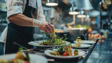 Gourmet dish being prepared in a high-end restaurant kitchen