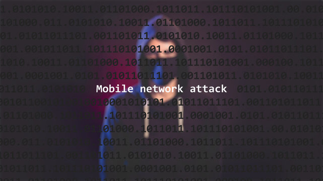 Cyber attack mobile network attack text in foreground screen, anonymous hacker hidden with hoodie in the blurred background. Vulnerability text in binary system code on editor program.