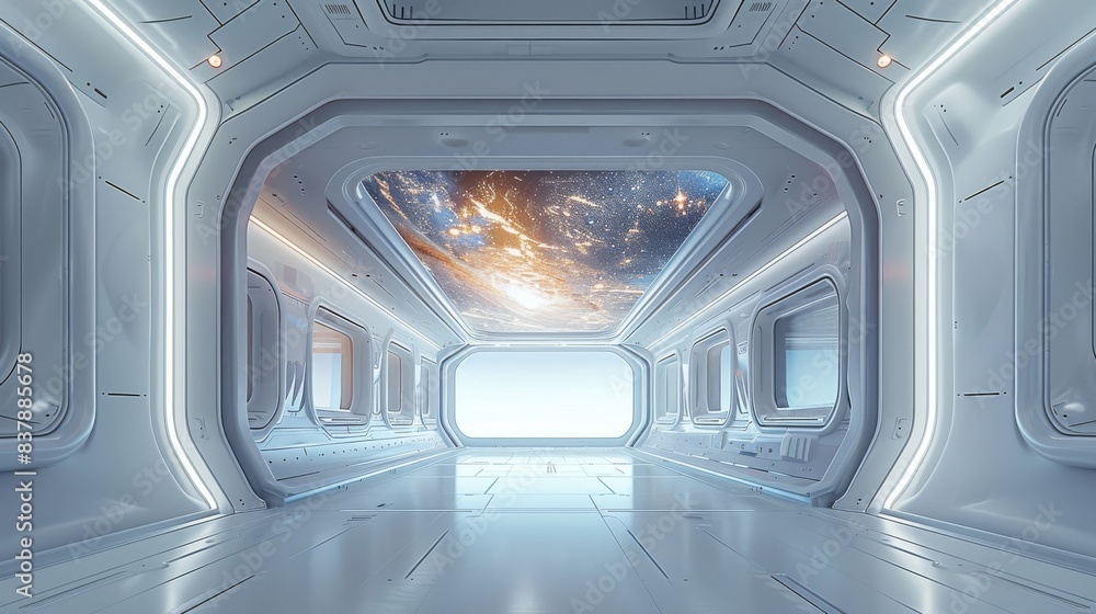 Poster An empty spaceship refresh room with white walls. The ceiling is a screen projecting a breathtaking view of outer space. The room is meticulously detailed, sci-fi aesthetic. Generative AI.