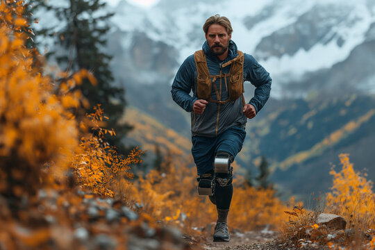 Disabled man with prosthetic leg hiking the mountain, fall winter season.