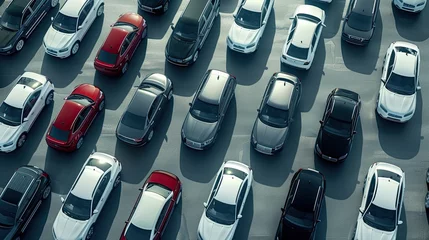 the car lot, meticulously showcasing a selection of white and black vehicles for sale, neatly arranged in the outdoor parking area, representing both new and second-hand options.