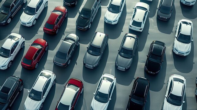 the car lot, meticulously showcasing a selection of white and black vehicles for sale, neatly arranged in the outdoor parking area, representing both new and second-hand options.