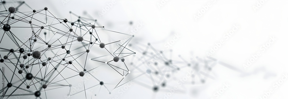Poster black and white network connection dots form a mesh grid structure in shades of gray on the left sid