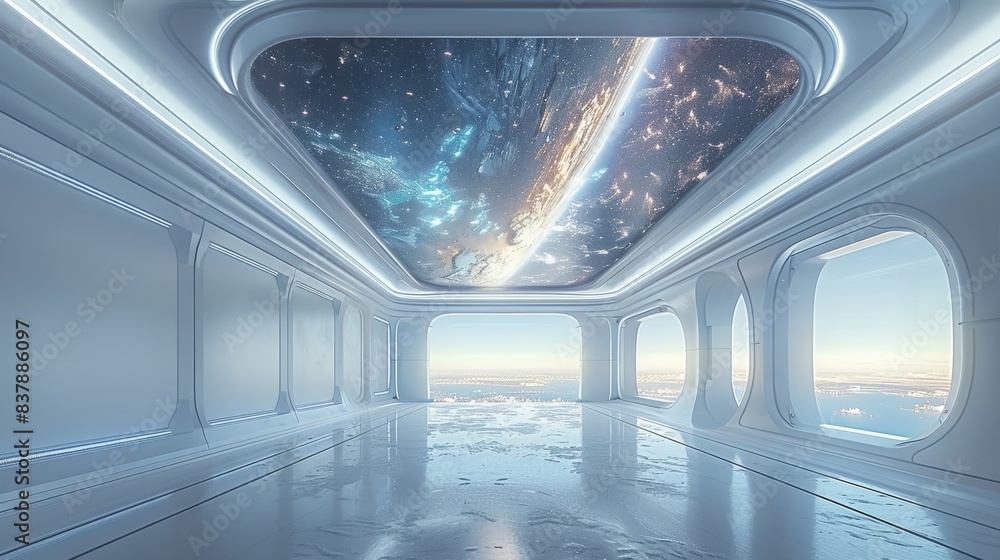 Poster An empty spaceship refresh room with white walls. The ceiling is a screen projecting a breathtaking view of outer space. The room is meticulously detailed, sci-fi aesthetic. Generative AI.