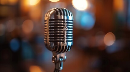 An antique-style microphone typically utilized for voiceover recordings or radio broadcasts