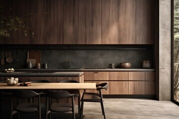 Sleek kitchen with dark and wood colours. Interior design of modern kitchen