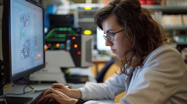 A scientist using mathematics to simulate patterns in nature on a computer, with visual outputs on the screen