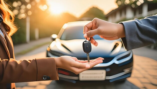 Close-up of a car key being handed over from one person to another in front of a car at sunset. The warm glow of the setting sun enhances the moment of transaction.