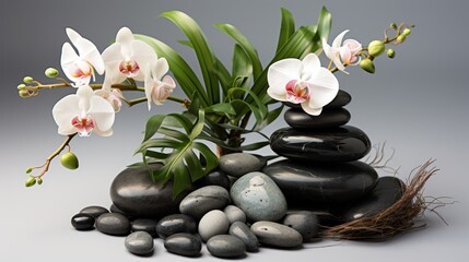 orchid and bamboo on the zen basalt stones