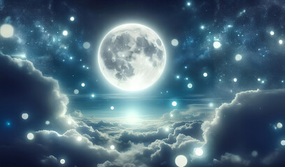 The full moon at night has many stars around above the sky and cloud