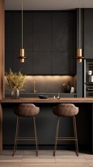 Modern wooden kitchen design. Luxury designed kitchen. Modern black furniture. vertical orientation