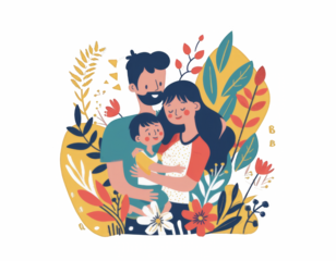 a happy family hugging each other, style of vector illustration, png.