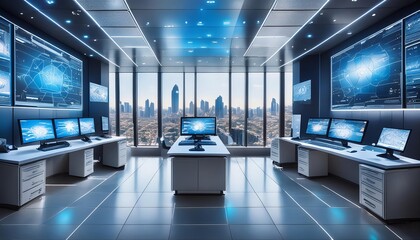 A modern control room filled with multiple screens and advanced technology, designed for monitoring and management. 