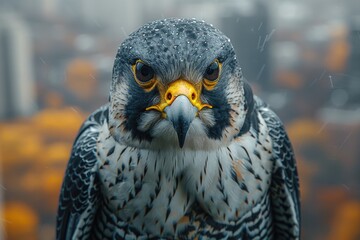 Fototapeta premium Close-up of a majestic peregrine falcon with urban background, showcasing its striking plumage and intense gaze.