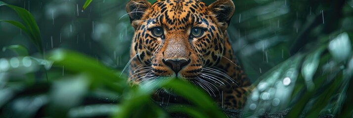 Close-up of a majestic tiger in a lush green jungle, surrounded by dense foliage and ambient light, capturing the essence of wild beauty.