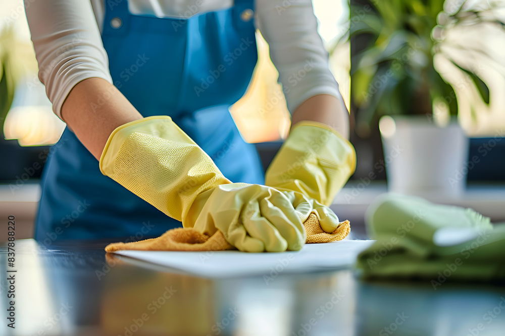 Wall mural Female cleaner hands in gloves close up, housewife, woman polishing table top with cloths, spray, professional cleaning service working, lady performing home, office duties, tidying up apartment 