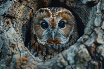 Close-up of a tawny owl peeking out from a tree hollow, surrounded by rough textured bark.