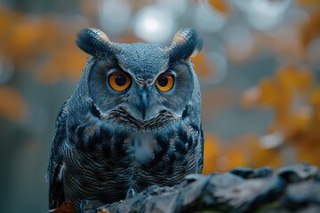 Close-up of an owl with striking orange eyes and intricate feather pattern perched against a blurred, autumnal background.