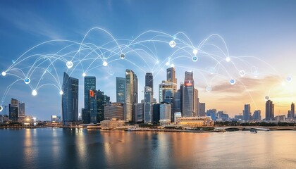 A futuristic cityscape with skyscrapers and waterfront, overlaid with digital network connections symbolizing smart city technology. 