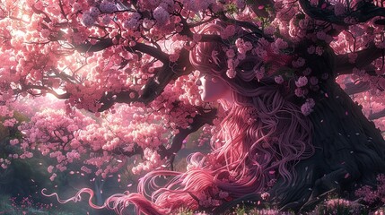 An enchanting dryad blending into a flowering cherry tree, her hair intertwined with pink blossoms, in the midst of a tranquil forest clearing. shiny, Minimal and Simple,
