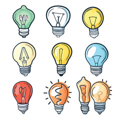 Nine colorful light bulbs illustrated various shapes designs, cartoon style, creativity concept, bulb unique, depicting innovation, idea generation, inventive concepts. Artistic lightbulb