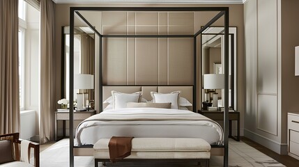 A stylish bedroom with a canopy bed, bedside tables with lamps, a large mirror, and a neutral color scheme.