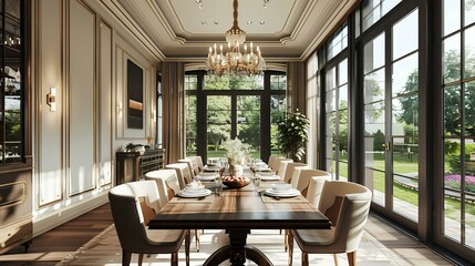 A stylish dining room with a long wooden table, elegant dining chairs, a chandelier above, and large windows offering a garden view.