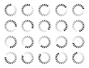 Rounded rectangular buffering icon set in 20 shades of black colour. Rounded rectangular loading symbols with different width size in twenty shades of black colour isolated on white background.
