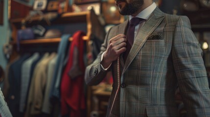 Fototapeta premium Man adjusting checkered suit jacket in elegant tailor shop full of stylish clothing