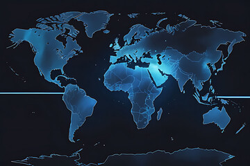 World Map Watercolor Illustration: Luminous Blue Lines and Glowing Dots