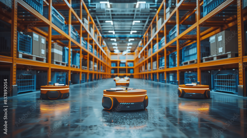 Poster a warehouse with three robots in the middle of the room. the robots are orange and yellow. the wareh